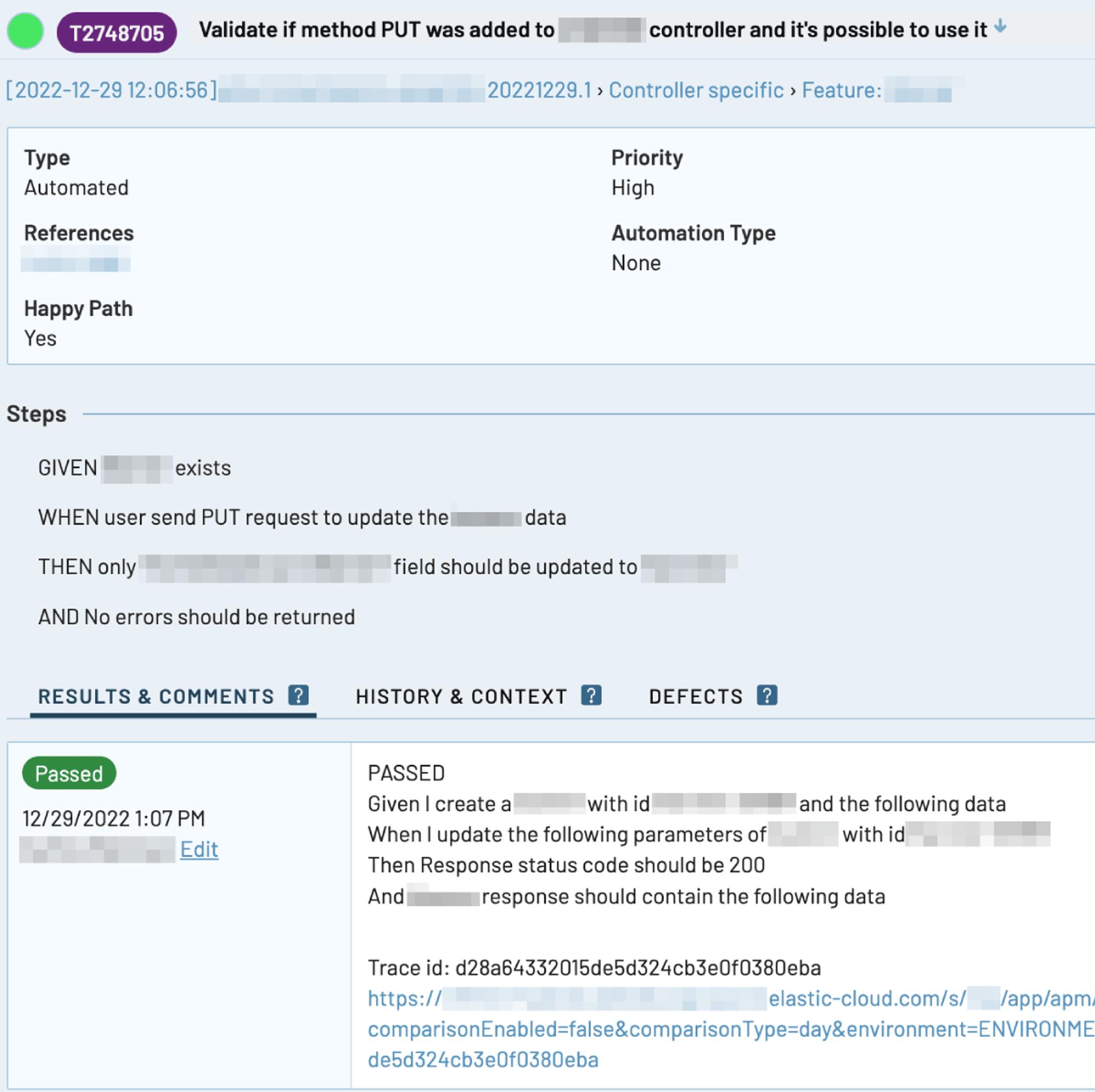 Link to Elastic trace integrated into TestRail